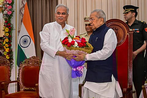 FILE - Chhattisgarh Chief Minister Bhupesh Baghel greets Governor Biswabhusan Harichandan. (Photo | PTI)