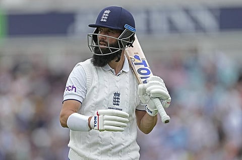 Moeen Ali walks off the field during the first day of the fifth Ashes Test match between England and Australia at The Oval cricket ground in London, July 27, 2023. (Photo | AP)