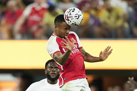 Arsenal FC forward Gabriel Jesus heads the ball during the second half of a Champions Cup soccer match against FC Barcelona, Wednesday, July 26, 2023, in Inglewood, Calif. (Photo | AP)