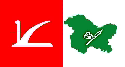 A collage of the logos of Jammu and Kashmir National Conference (L) and People's Democratic Party, used for representational purposes only. (Photos | Wikimediacommons)