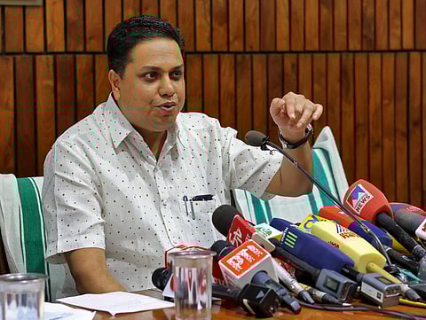 Speaker A N Shamseer at a press meet in Thiruvananthapuram. (Photo | B P Deepu)