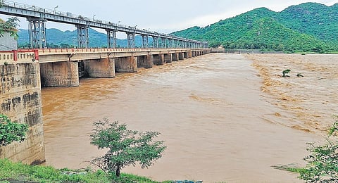 First flood warning was issued at Gotta Barrage across River Vamsadhara in Srikakulam district on Wednesday. (Photo | Express)