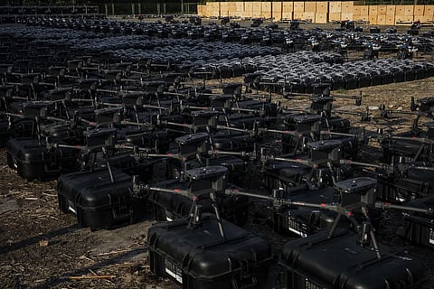 1700 drones are displayed before being sent to the frontline, to be used against Russian forces in Kyiv, Ukraine. (Photo | AP)