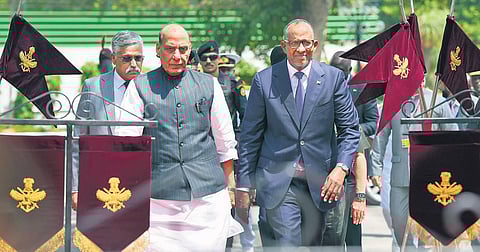 Defence Minister Rajnath Singh receives Cabinet Secretary for Kenya’s Ministry of Defence Aden Bare Duale in New Delhi on Tuesday. (Photo | PTI)