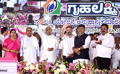 Congress leaders during the launch of 'Gruha Lakshmi' scheme, in Mysuru. (Photo | Udayshankar S)