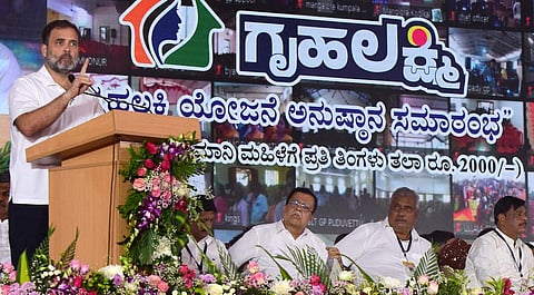 Rahul Gandhi speaks during the launch of 'Gruha Lakshmi' scheme, in Mysuru. (Photo | Udayshankar S)