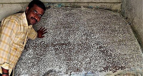 The inscription, comprising 20 lines, has emerged on a stone boulder locally known as ‘Ganapathi Gundu’. (Photo | Express)