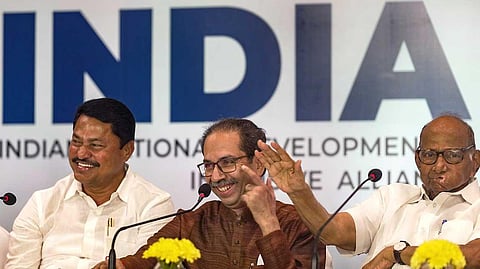 Congress Maharashtra President Nana Patole, Shiv Sena (UBT) Chief Uddhav Thackeray and NCP chief Sharad Pawar during a MVA press conference.