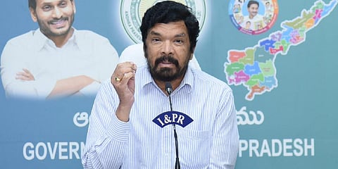Andhra Pradesh State Film, TV and Theatre Development Corporation chairman Posani Krishna Murali addressing the media during a press conference at Secretariat in Velagapudi | Express