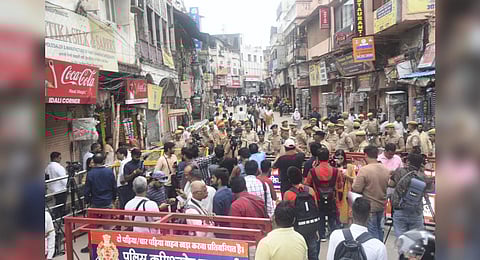 Tight security arrangements as a team of Archaeological Survey of India (ASI) arrives to conduct scientific survey of the Gyanvapi premises, in Varanasi. (Photo | PTI)