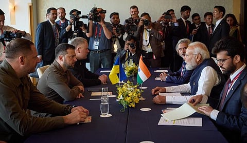 PM Modi meeting President Zelenskyy on the sidelines of the G7 summit in Japan (Photo | PTI)