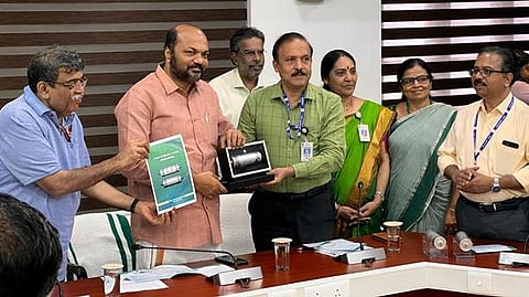 Industries Minister P Rajeeve unveiling the LTO battery prototype. (Photo | Express)
