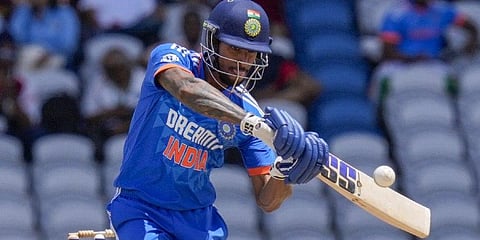 India's Tilak Varma plays a shot against West Indies during their first T20 cricket match at the Brian Lara Stadium in Tarouba (Photo | PTI)