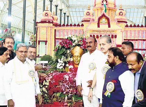 Chief Minister Siddaramaiah after inaugurating the Independence Day Flower Show at Lalbagh in Bengaluru on Friday | Express