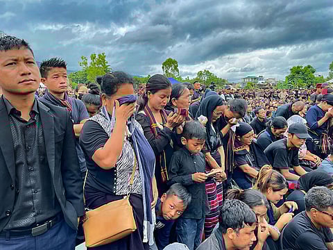 People from the Zo-Kuki community during a prayer meeting in remembrance of tribals killed in the ethnic violence in Manipur, in Churachandpur, on August 3, 2023.