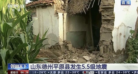 In this image taken from video footage run by China's CCTV, a damaged farmhouse is seen near the epicenter of the earthquake in Pingyuan County in east China's Shandong Province. (Photo | AP)