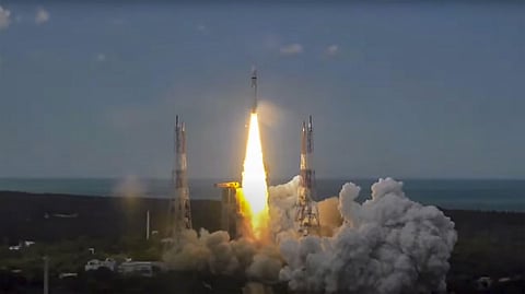 The Mark-III (LVM3) M4 rocket carrying 'Chandrayaan-3' seen lifting off from the launchpad at Satish Dhawan Space Centre. (File Photo | PTI)
