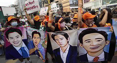 FILE - Supporters of the Move Forward Party hold a portrait of Pita Limjaroenrat, the leader of Move Forward Party, during a protest in Bangkok, Thailand, Saturday, July 29, 2023. (Photo | AP)