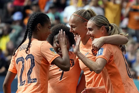 Netherlands' Jill Roord, right celebrates with teammates after scoring her side's first goal against South Africa in the Women's World Cup round of 16 soccer match, Aug 6, 20232. (Photo | AP)