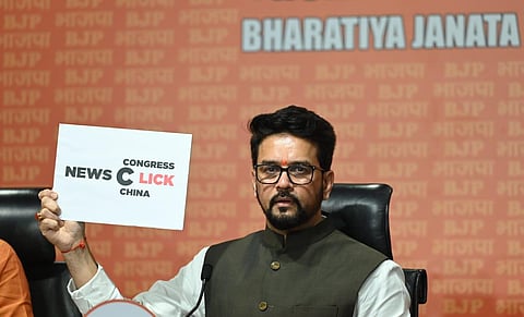 Union Minister Anurag Thakur addresses a press conference at BJP HQ in New Delhi on Monday. (Photo | EPS/ Shekhar Yadav)