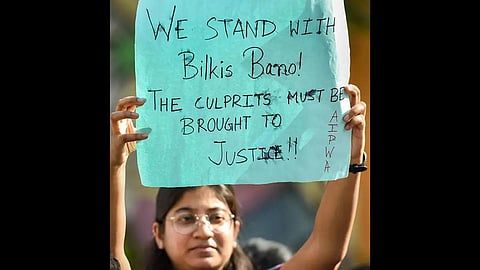 A picture from a protest against the remission of convicts in the Bilkis Bano gangrape and murder case. (File | PTI)