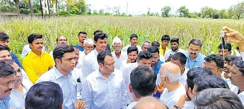 Deputy Commissioner Nitesh Patil along with MLA Raju Kage during his visit to drought-hit villages in Kagwad recently. | Express