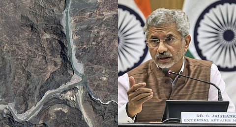 A collage of the satellote image of the Indo-China border in eastern Ladakh and EAM S Jaishankar, used for representational purposes only. (Photos | AFP, PTI)