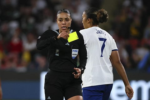 Referee Melissa Borjas shows a yellow card to England's Lauren James during the Women's World Cup round of 16 soccer match against Nigeria in Brisbane, Australia, Aug 7, 2023. (Photo | AP)