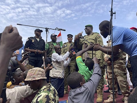 Mohamed Toumba, one of the soldiers who ousted Nigerian President, addresses supporters of Niger's ruling junta in Niamey, Niger, Sunday, Aug. 6, 2023. (Photo | AP)