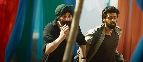 YouTube screengrab of a still from the trailer of 'Gadar 2' featuring Sunny Deol and Utkarsh Sharma.