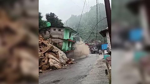 Three-storey hotel collapses in Rudraprayag. (Photo | ENS)