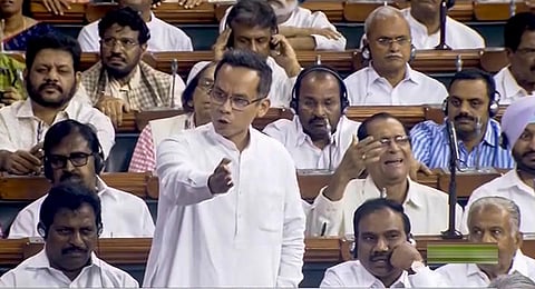Deputy Leader of Congress in the Lok Sabha Gaurav Gogoi speaks during a debate on no-confidence motion, during the Monsoon session of Parliament. (Photo | PTI)