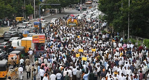 Gaddar's funeral procession near Ambedkar statue in Hyderabad.(Photo | Express -Vinay Madapu)