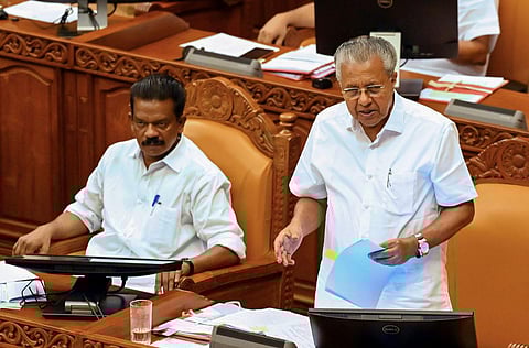Kerala Chief Minister Pinarayi Vijayan addresses the Assembly session, in Thiruvananthapuram, Tuesday, August 8, 2023. (Photo | PTI)