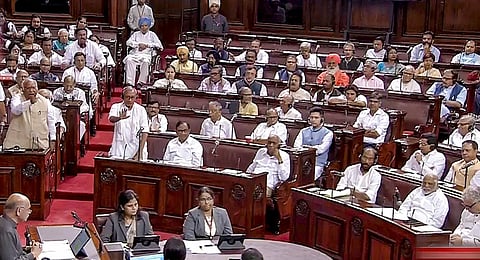 Members participate in the debate in the Rajya Sabha during the Monsoon session of Parliament. (Photo | PTI)