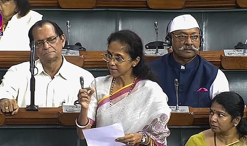 NCP MP Supriya Sule speaks during a debate on no-confidence motion in the Lok Sabha amid the ongoing Monsoon session of Parliament (Photo | PTI)