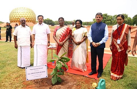 President Droupadi Murmu at Matrimandir in Auroville on Tuesday | Express