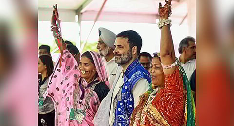 Congress leader Rahul Gandhi during a public meeting at Mangarh Dham, in Banswara. (Photo | PTI)
