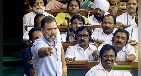 Congress MP Rahul Gandhi speaks on the Motion of No-Confidence in the Lok Sabha during the ongoing Monsoon session of Parliament, in New Delhi. (Photo | PTI)