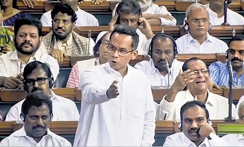 Congress leader Gaurav Gogoi speaks during a no-confidence motion debate in the Lok Sabha; and Prime Minister Narendra Modi at the BJP Parliamentary Party meet | PTI