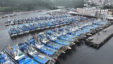 Fishing boats are anchored in a port as Tropical Storm Khanun approaches to Korean peninsular on Jeju Island. (Photo | AP)