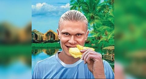 Erling Haaland in the club’s blue jersey biting into a ‘pappadam