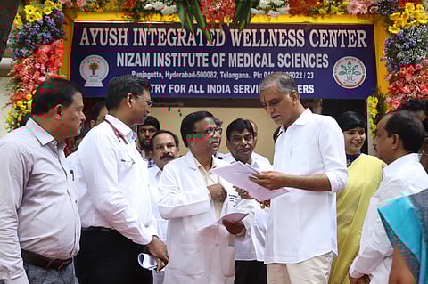 Telangana Health Minister T Harish Rao inaugurates the AYUSH Integrated Wellness Center at NIMS hospital in Hyderabad. (Photo | Sri Loganathan Velmurugan)