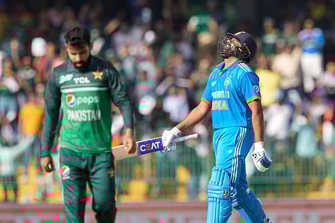 India's Rohit Sharma reacts after being dismissed during the Asia Cup cricket match between India and Pakistan in Colombo, Sri Lanka, Sunday, Sept.10, 2023. (AP)