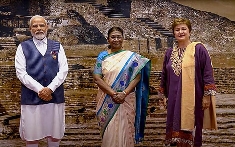 President Droupadi Murmu and Prime Minister Modi welcome International Monetary Fund (IMF) MD Kristalina Georgieva during the G20 Summit, in New Delhi, on Sept. 9, 2023. (PTI)