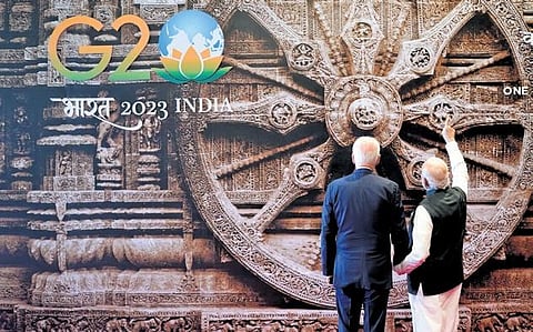 PM Narendra Modi explains the significance of the wheel of Konark Sun temple to US President Joe Biden at Bharat Mandapam, in New Delhi | AP/PTI