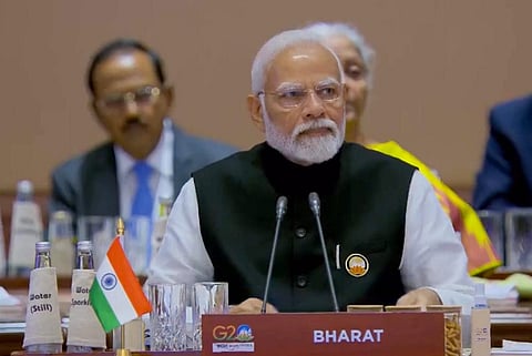 Prime Minister Narendra Modi at the Session-3 on 'One Future' during the G20 Summit 2023 at the Bharat Mandapam, in New Delhi, on Sept. 10, 2023. (PTI)