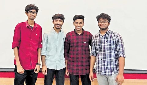 (L-R) The CultivOx robot team consists of Vuppu Mahesh, G Naveen, K Jeshwanth Reddy and Mohammad Adhnan. (Photo | Express)