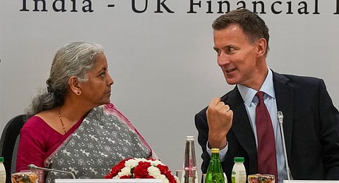 Union Minister of Finance Nirmala Sitharaman with Jeremy Hunt, Chancellor of the Exchequer of UK, during the India-UK Economic and Financial Dialogue. (Photo | PTI)
