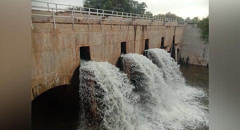Water gushing out of emergency culvert after miscreants broke it. (Photo | Express)
